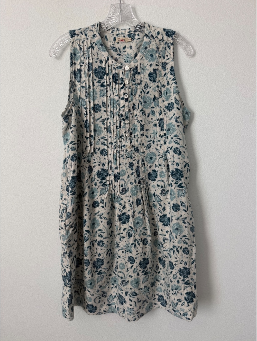 Faherty Linen Blend Blue Tone/Cream Floral Sleeveless 1/2 Button Dress Size M
